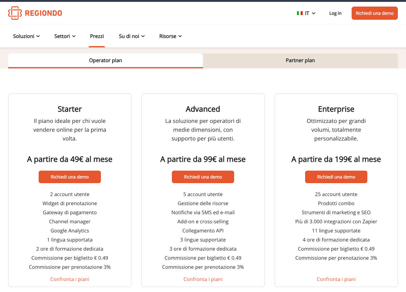 Regiondo Pricing Plans - Screenshot dalla pagina ufficiale dei prezzi