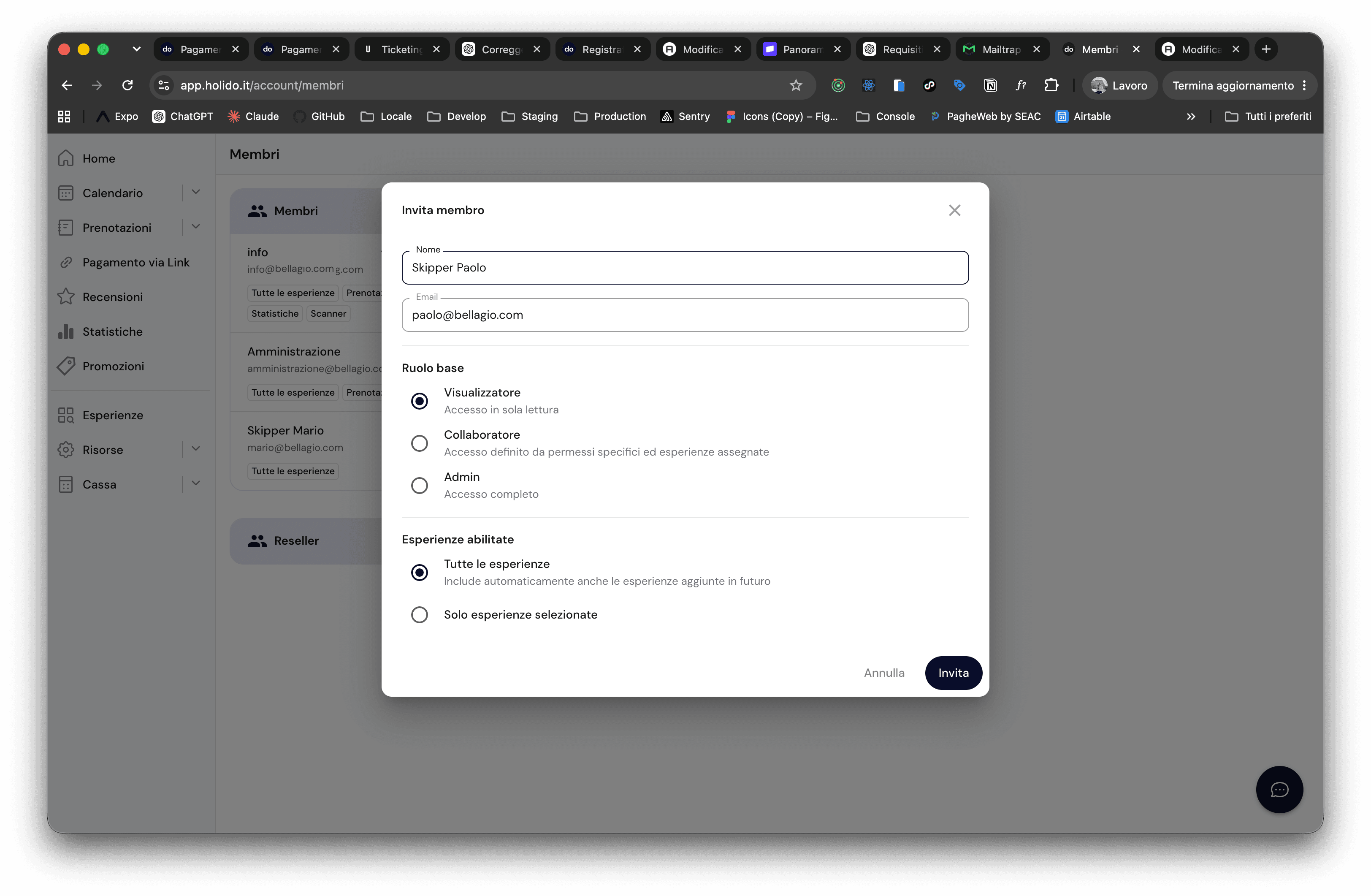 Schermata della web app per invitare un membro dello staff
